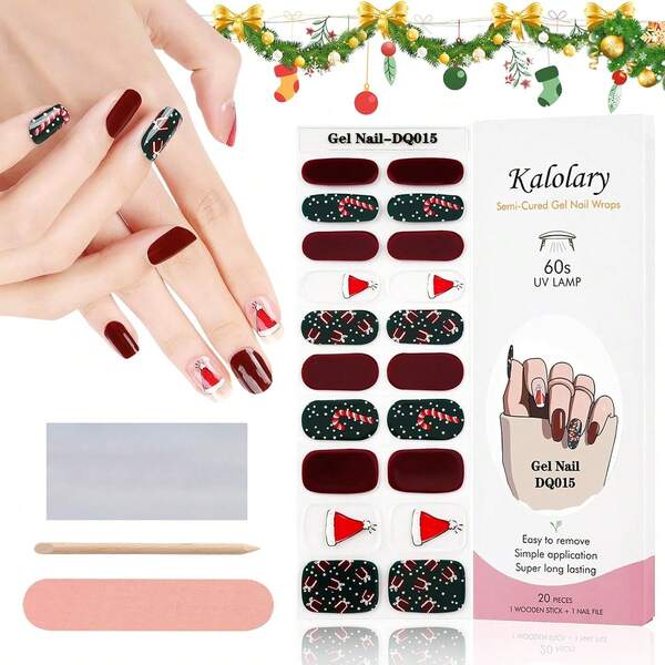 Kalolary Christmas Tree Gel Nail Strips, Santa Claus Gel Nail Stickers, For Christmas Nail Art Design