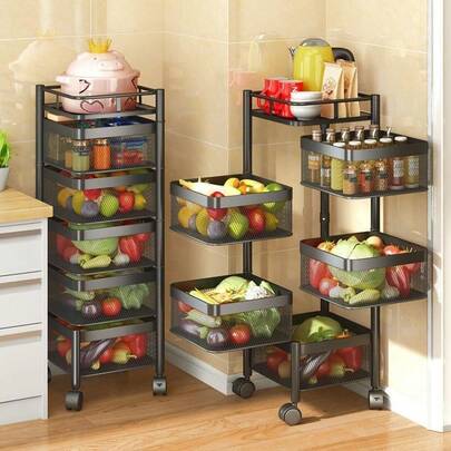 Carrello a 5 ripiani, cesto per frutta e verdura per la cucina, scaffale girevole, carrello per snack, carrello in metallo con ruote per frutta, patate, verdura e snack.
