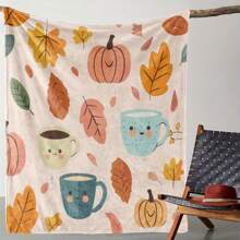 Vintage Autumn-Themed Flannel Throw Blanket With Pumpkin, Coffee Cup, And Leaf Print, Soft Warm Cozy Knitted Polyester Blanket Sofa, Bed, Car, Office, Camping, Travel - All Seasons Blanket280gsm Room Decor Home Essentials Decor Bedroom