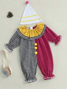 0-5 Years Kids Toddler Baby Boy Girl Clown Costume Halloween Outfits Contrast Color Long Sleeve Jumpsuit And Hat 2Pcs Clothes Set Funny Clown Dress Up Cosplay Costume - 黑色 - 查看 1