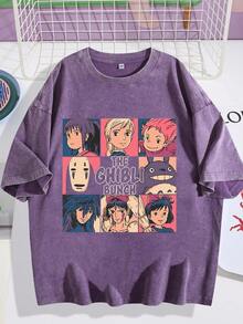 EWH Hip Hop High Street Day Comics Characters Creative Printed Summer Short Sleeve T-Shirt Men Men Oversize Couple DG004 - 紫羅蘭色 - 查看 1