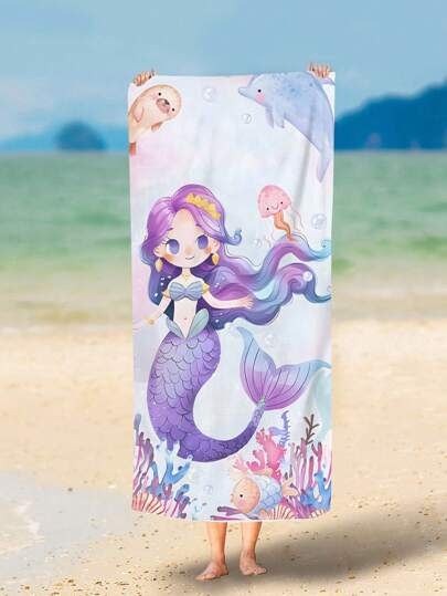 1PC Exclusive Dreamy Ocean Style Beach Towel For Little Girls, Made Of Polyester Fabric With Digital Printing, Machine Washable, Portable, And Foldable. It Is A Gift For Beach Vacation Girls And Girls
