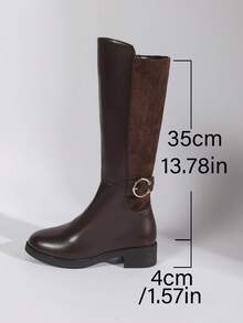 女士皮革和绒面革拼接时尚金属扣装饰侧拉链设计经典圆头舒适不束缚高筒修身腿部修身，薄款保暖内衬保暖透气，平跟舒适全天穿着，秋冬百搭马术靴，及膝靴 - 棕色 - 查看 8