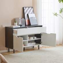 Mobiletto di archiviazione da 120 cm con cassetti scanalati, design bianco e nero, ripiani regolabili, 2 ante, credenza-buffet, organizer per cucina, soggiorno, sala da pranzo