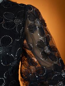 3D Floral Embroidered Pearl Collar Lantern Sleeve Elegant High Neck Illusion Prom Dress, Suitable For Prom, Wedding, Party, Wedding Guest, Evening Gown - Black - View 7