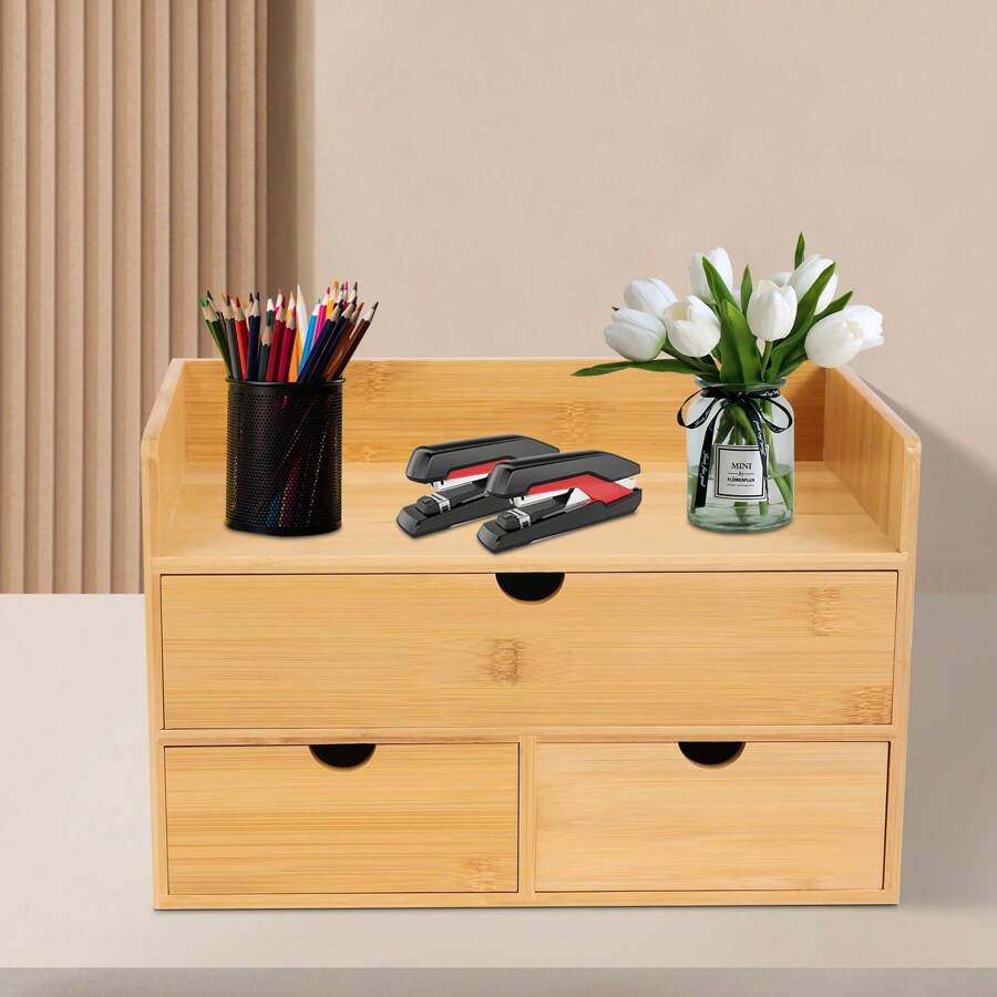 YUNRUX Desk Organizer Bamboo With 3 Drawers, Drawer Organizer Office Storage Box Drawer Box Natural 30x19x20cm