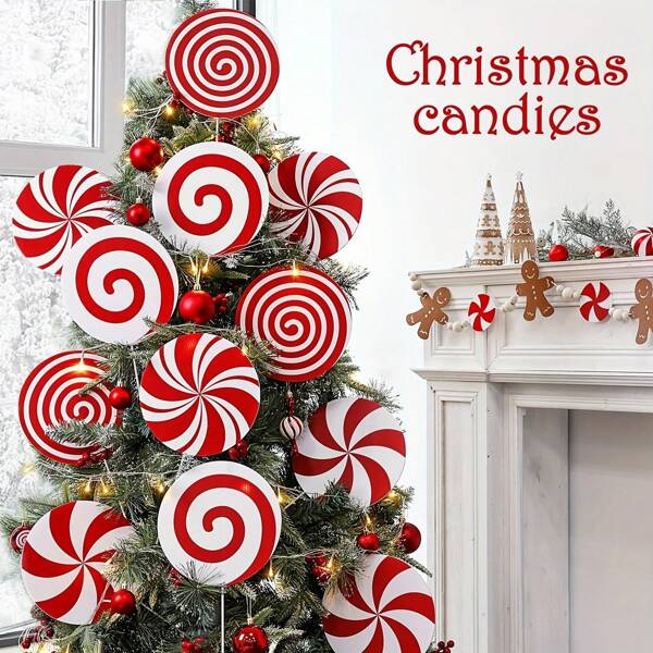 4/8pcs Christmas Tree Decorations Red And White Lollipop Christmas Tree Decorations, Cute Candy Picks Decorations Christmas Tree Tops Home Holiday Party Christmas Tree Decorations Christmas Decorations Indoor Outdoor