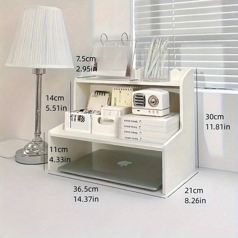 Modern Double Tier Height Lift Desktop Storage Rack - Space Saving Office Supplies And Cosmetics Organizer, Available In Two Sizes, PVC Material, Individually Designed, Maximum Load Capacity Of 6.61 Lbs. Per Tier, Workspace Organizer | Stylish Storage Solutions | Durable PVC Shelf - 白色/中號 - 查看 1