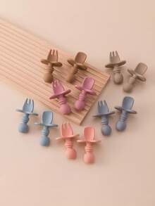 PopLittleOne 2PCS Baby Silicone Spoon Fork Solid Color Baby Utensils Feeding Training Baby Stuff Soft Baby Tableware Things For Babys - Multicolor - View 4