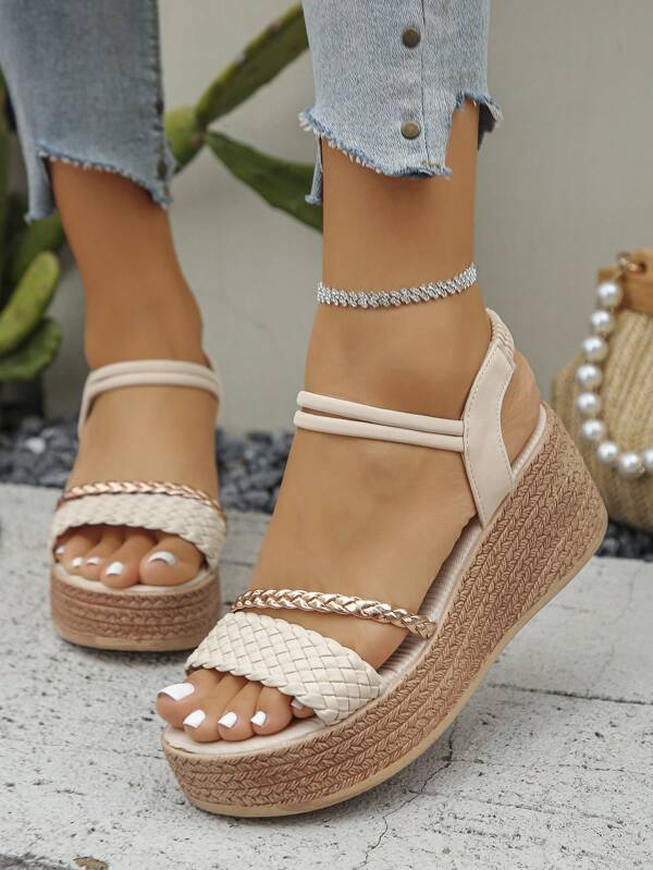 1 Pair Beige Thick Sole Sandals For Teenage Girls, Summer Fashion Platform Wedge Heel Comfortable Waterproof Casual Sandals, Suitable For Holiday And Daily Wear
