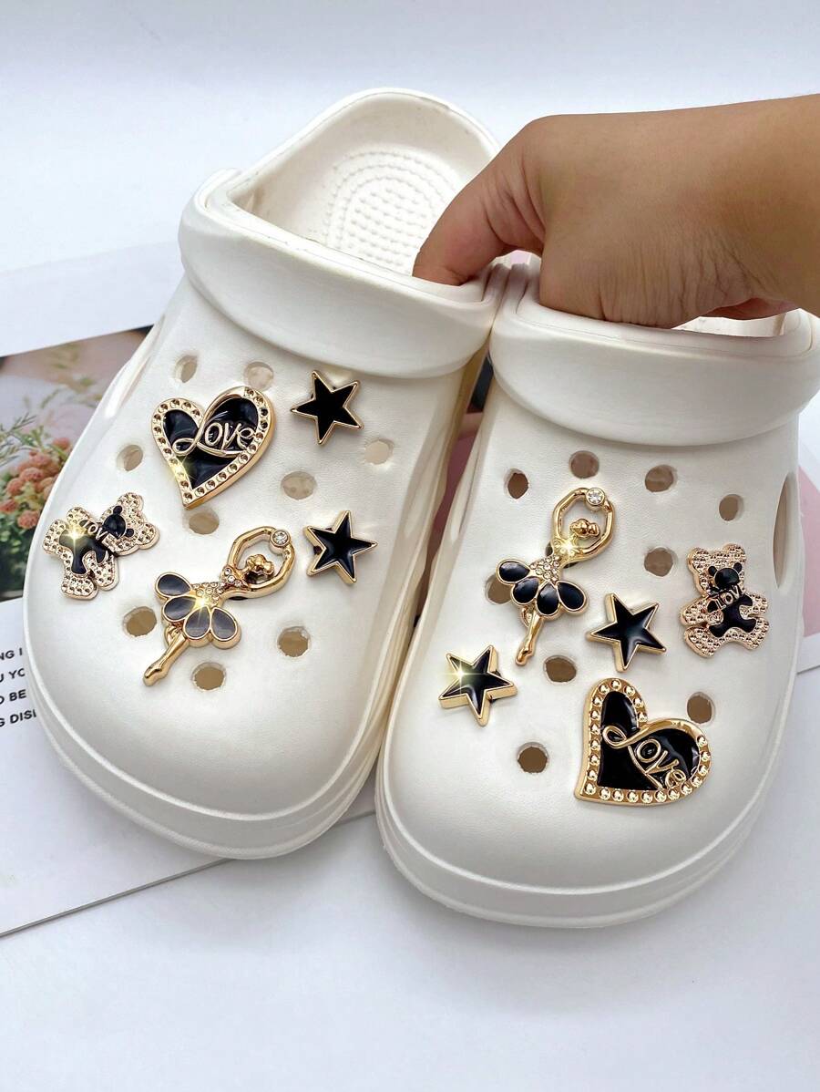 10 件黑色可爱字母熊、心形、星星、舞女可拆卸鞋饰，多功能鞋夹配饰，适用于女士凉鞋、拖鞋、沙滩包，是节日礼物的理想选择