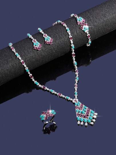 5pcs/Set Jewelry Set Multicolor Fashionable Blue Turquoise,Ruby And White Stones Cubic Zirconia Waterdrop Jelly-Shaped Tassel Necklace Ring Earrings Suitable For Women To Wear Weddings And Parties