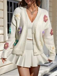 女士花卉图案纽扣针织开衫，可爱宽松长袖毛衣外套，秋季