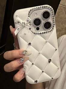 别致皮革闪光水钻手机壳适用于 16 Pro Max 15 14 13 12 防水防震防摔防刮 - 白色 - 查看 2