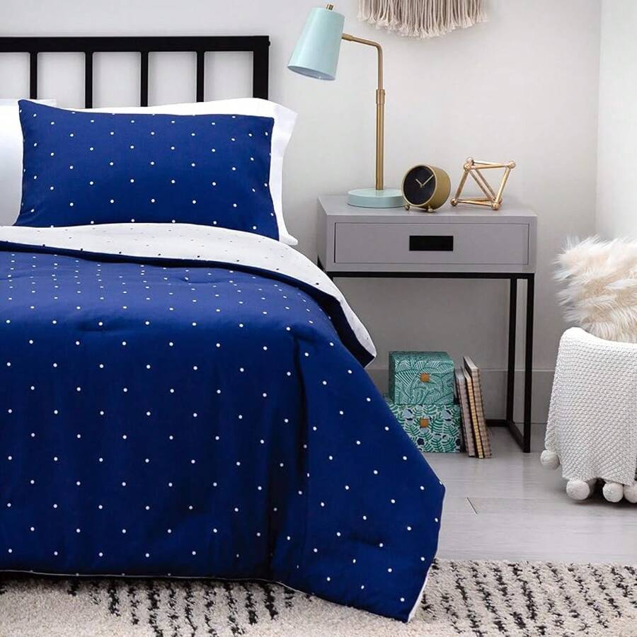 All Season Down Microfiber Comforter, Oversized King, White/Navy, Luxury Soft Cozy - Polka Dot/Navy - View 1