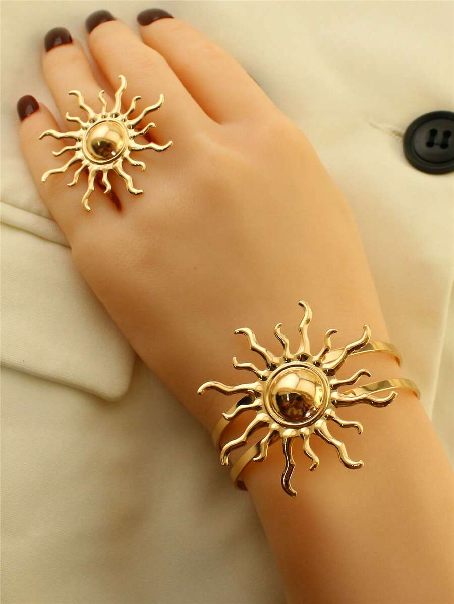 2 件优雅时尚百搭镂空太阳手链和戒指套装，适合女性日常、派对和休闲装 - 太陽手鐲戒指套裝 - 查看 1