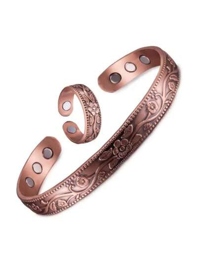 2pcs, Magnetic Bracelet Retro Flower Ring Bracelet Set Adjustable Men's And Women's Plated Ancient Red Copper Magnetic Bracelet