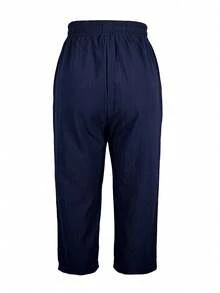 Pantalones capri casuales de mujer de unicolor con cordón y bolsillo - Azul Marino - Ver 2