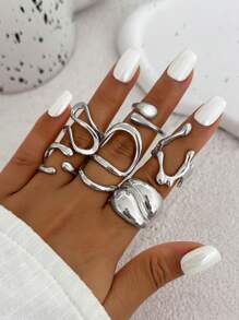 4pcs Retro Fashion Geometric Hollow Out Rings, Liquid Asymmetrical Abstract Design Rings, Adjustable Gold & Silver Ring Set, Charm Jewelry Set For Women's Daily Wear And Leisure Holiday Decoration Gift