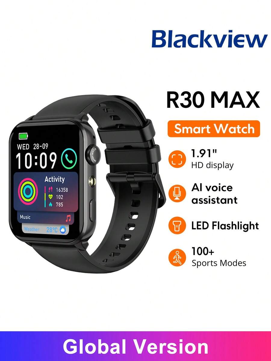 BLACKVIEW Smart Watch R30 Max Global Version 1.91 Inch  Screen 450mAh Battery 280*320 Resolution 1ATM Waterproof Bluetooth Calling Support Over 100+ Sports Mode Al Voice Assistant Support Multiple Languages Multi-Health Functions Compatible With IOS/Android - Black - View 1