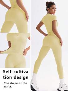 FWH 1. 可爱纯色露脐上衣，弹力修身圆领甜美时尚百搭外套，优雅高腰显瘦休闲收腹日常基础款舞蹈服拉长腿部线条提臀街头跑步瑜伽两件套，春夏款 - Butter Yellow - 查看 3