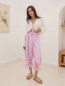 Women Lace Trim Bloomers Casual Elastic Mid Rise Ruffle Cropped Pants Loose Slips Trousers Comfort Bottoms - Pink - View 5
