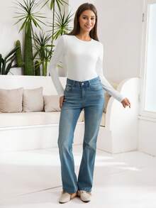 优雅百搭的女士纯色圆领长袖修身T恤，适合夏季、秋季、冬季穿着，休闲日常穿着。 - 白色 - 查看 8