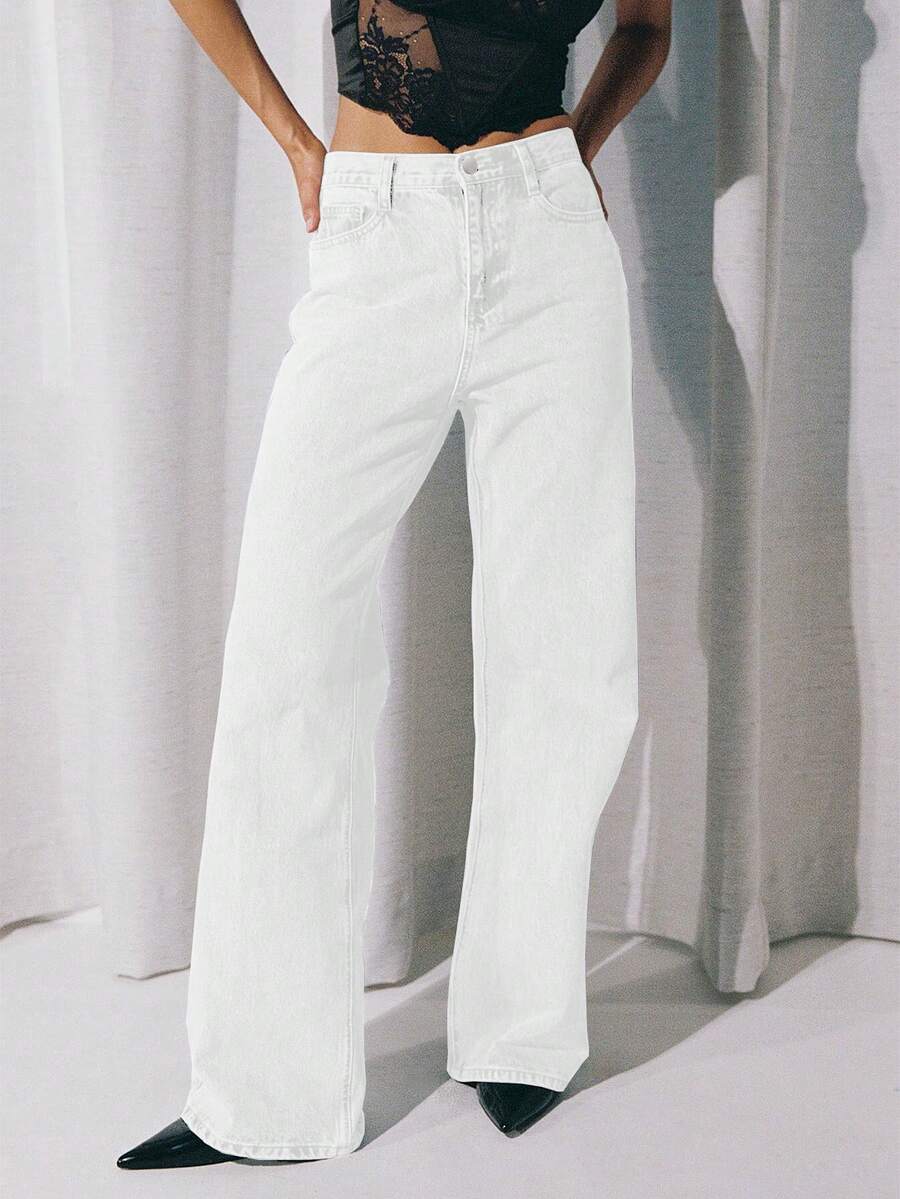 Women's Straight Leg Denim Pants - Elegant Wide Leg Floor-Length Jeans With Button & Zipper, Relaxed Fit Casual Trousers For Everyday Outings - 白色 - 查看 1