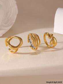 GEREIT 3 件 18K 不锈钢心形和唇形设计开口戒指套装，适合女性日常佩戴 - 金色 - 查看 3