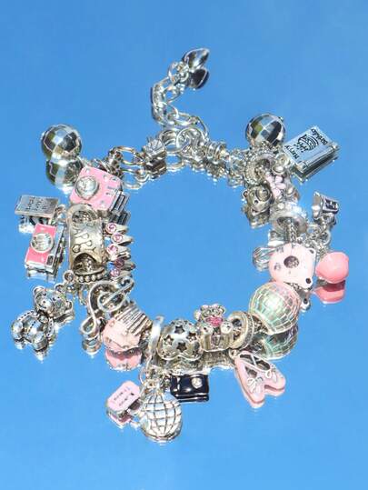 Rosa Reise Charm Armband, Geburtstags-/Jahrestags-Erinnerungsarmband Erde, Pass, Koffer Charm Armband für Reiseerinnerungen, süßer Donut & Kuchen Charm Armband, süßer & niedlicher Stil Charm Armband mit niedlichen Charms