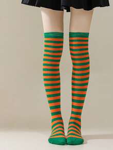 1 Pair Women Over Knee Socks, Cosplay Anime Character Uniform, Japanese Style Striped & Solid Thigh-High Stockings