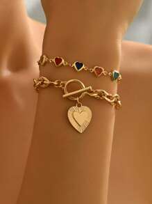 2 件套优雅百搭彩色心形水晶手工链心形吊坠 OT 扣金手链，女士时尚珠宝，适合日常佩戴、约会、旅行和派对