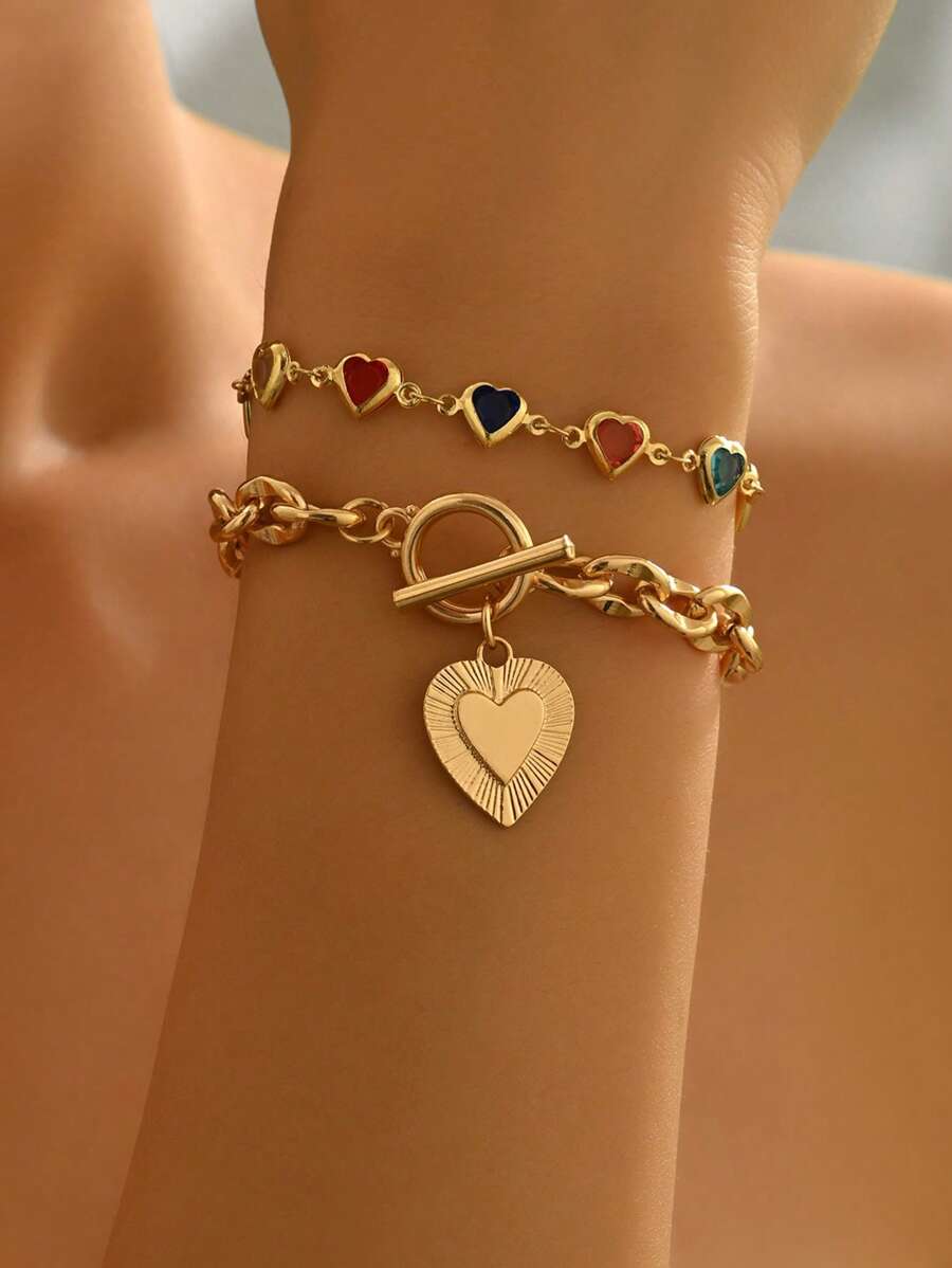 2 件套优雅百搭彩色心形水晶手工链心形吊坠 OT 扣金手链，女士时尚珠宝，适合日常佩戴、约会、旅行和派对