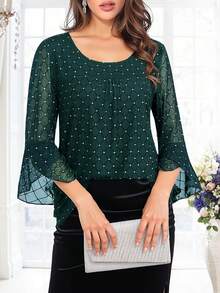 女士荷叶边七分袖优雅连衣裙圆领双层网纱束腰上衣夏季 - 綠色 - 查看 3