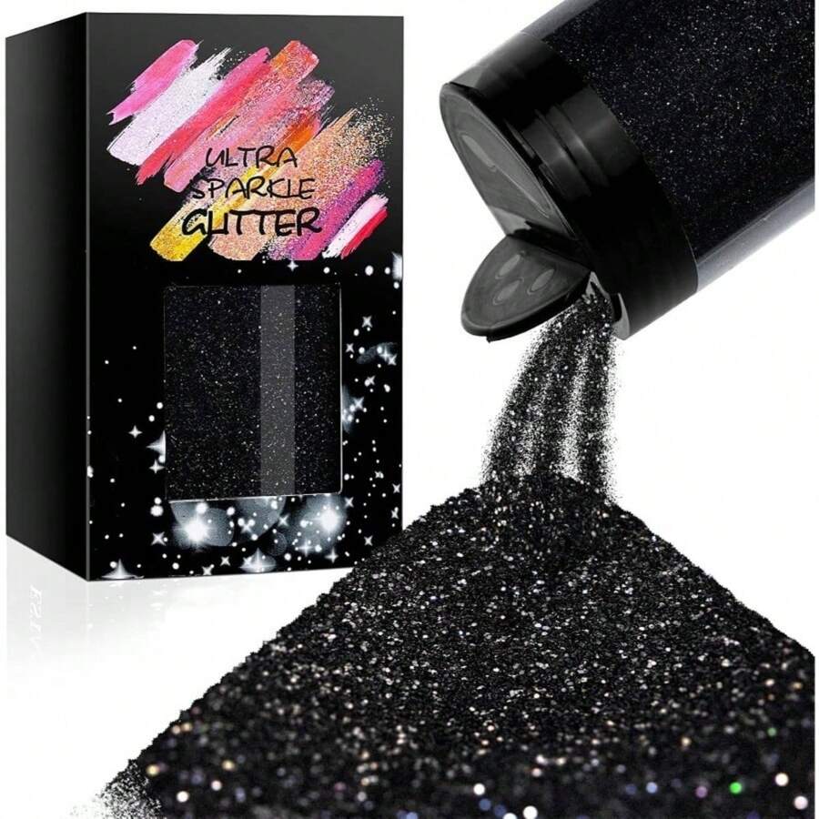 Metallic Ultra Fine Glitter, 7.41Oz/210G Resin Glitter Powder Sequins Flakes, 1/128" Holographic Iridesnt Glitter For Resin Tumblers Art Crafts, Hair Fa Body Nail Glitter(Black) - 黑色 - 查看 1