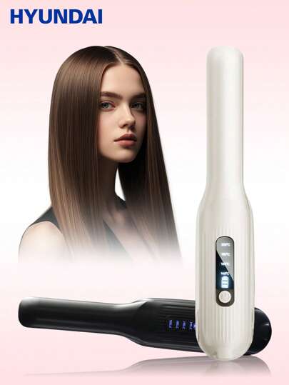 HYUNDAI 二合一便携式直发器/卷发器，无线陶瓷加热板，可充电无线夹子，升级智能温控防烫，适合派对和旅行