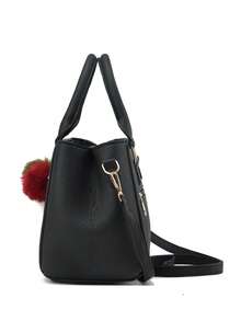 简约纯色双层大容量PU皮毛球装饰带钱包女士手提包，商务休闲女士单肩手提包，适合女性、职场新人和白领人士的母亲节礼物，非常适合工作、商务、通勤、上学