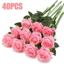 40支仿真玫瑰花束，丝绸假花，逼真长茎玫瑰，适用于婚礼装饰、新娘送礼会中心摆件、花艺布置、派对家居餐桌装饰、情人节、生日、周年纪念日 - 粉色 - 查看 18