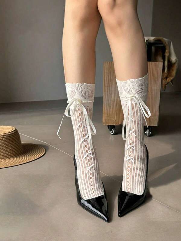 1 Pair Lolita Lace Trim Knee High Socks, Bow Decor Mid-Calf Socks, Suitable For Street Style With Mary Jane Shoes Or Loafers, Spring/Summer