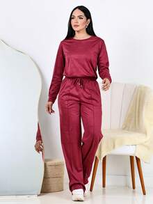 Women's Winter Set: Wide Leg Pants And Long Sleeve Suede Top, Elegant And Comfortable - 紅木色 - 查看 3