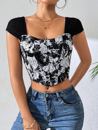 1pc Elegant Sexy Printed Contrast Color Cropped Fitted Women Spaghetti Strap Camisole Bustier Top