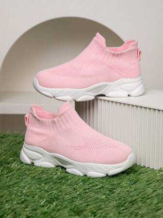 1 par barnsneakers, andningsbara, elastiska, mjuka, stötdämpande, snabbtorkande, lätta, vattentäta, halkfria, slitstarka, blandade material, avslappnad, streetwear-stil, lämplig för löpning, promenader, skola, stickat tyg