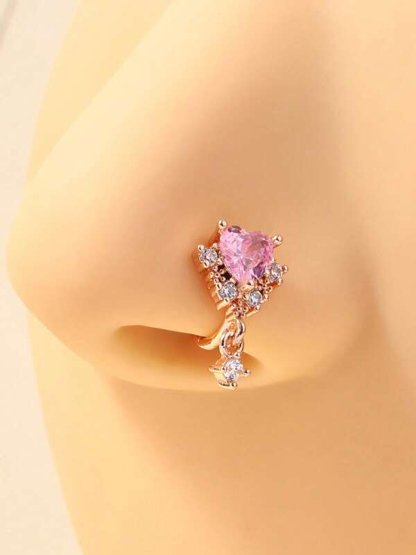 1 Peça Pingente em Forma de Coração de Cobre Elegante e da Moda com Zircônia Rosa Dourada, Anel de Nariz Falso Adequado para Uso Diário por Mulheres.