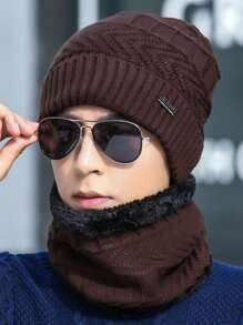 1 Set Women Outdoor Solid Color Fleece Lined Knit Beanie Hat & Scarf, Unisex Suitable For Outdoor, Street, Daily Use, Fashion Versatile Knitted Hat, Ideal Gift (Random Black Fuzzy Scarf)