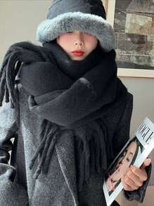 1pc Solid Color Scarf, Warm & Thick Knitted Wool, Tassel Decor, Suitable For Outdoor Wear In Winter