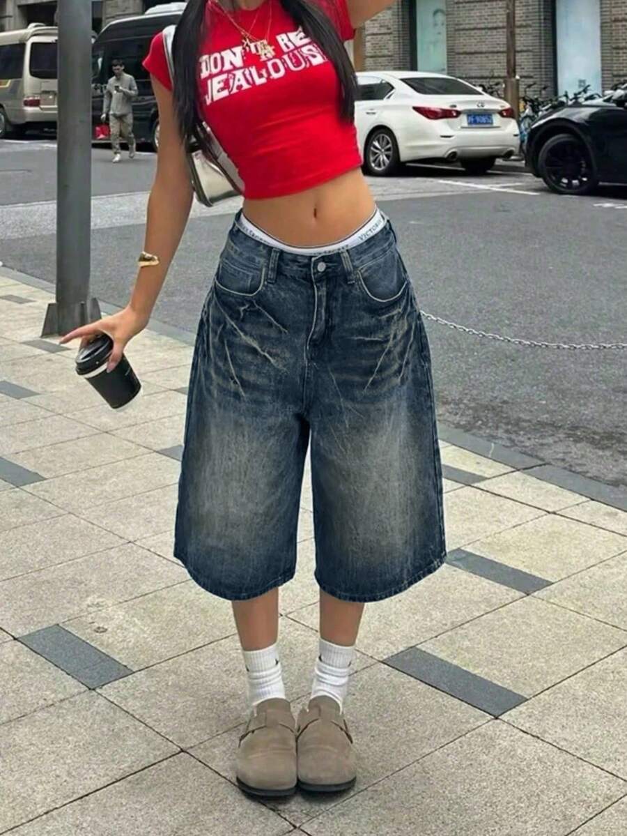 Dollsgirl Y2K 女士夏季牛仔短裤，前扣多口袋宽松休闲日常穿着，做旧街头百慕大七分牛仔裤 - 復古藍 - 查看 1