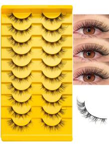 10 pares de pestañas postizas de marta negra, tallos negros delgados y suaves, efecto de extensión natural de la cola del ojo, pestañas de ojo de gato, pestañas postizas esponjosas y naturales, rizado 3D, herramientas de maquillaje de extensión de pestañas postizas dramáticas y completas para principiantes, agrandar los ojos de forma natural, adecuadas para el trabajo, fiestas, citas y festivales, pestañas postizas reutilizables