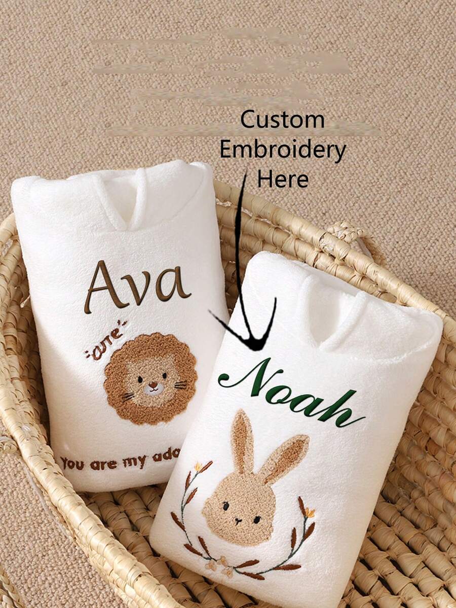 Custom Embroidered Kids Bathrobe Towel- Hooded Lion/Rabbit/Cat Cape - Soft Baby Blanket Gift With Name - Personalized Minky Bath Wrap For Boys & Girls - Multicolor - View 1