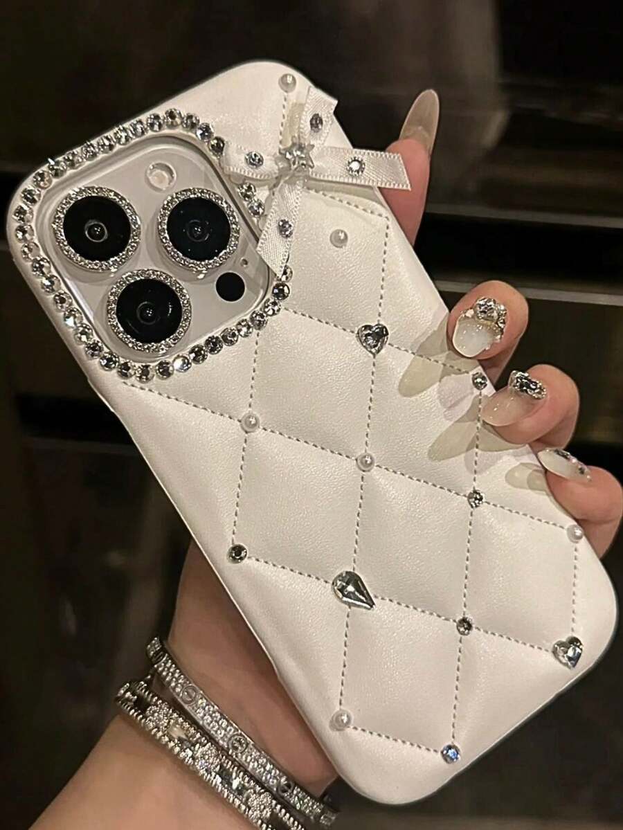 别致皮革闪光水钻手机壳适用于 16 Pro Max 15 14 13 12 防水防震防摔防刮 - 白色 - 查看 1