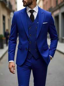 Bộ vest nam thời trang mới vừa vặn, trang trọng gồm 3 món, gồm áo khoác, áo ghi lê và quần dài, màu trơn, trang phục công sở/trang trọng - Xanh đậm - Xem 1